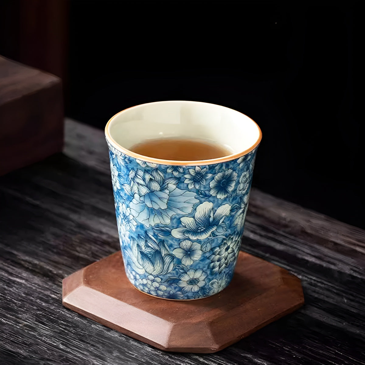 Vintage Blue Floral Ru Kiln Ceramic Cup Tumbler