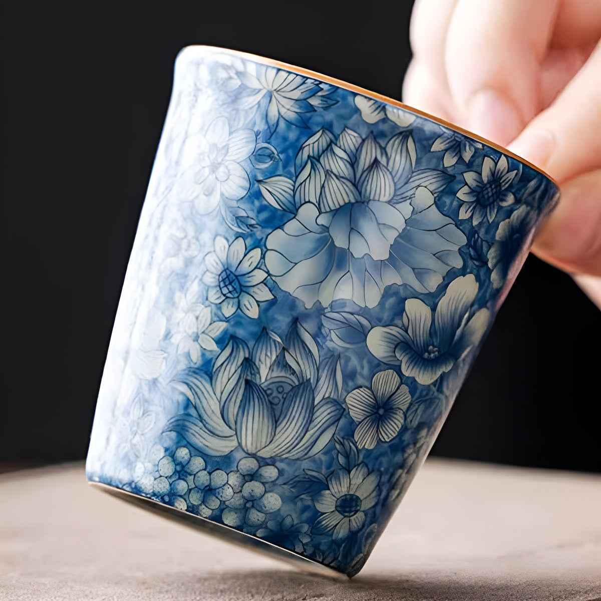 Vintage Blue Floral Ru Kiln Ceramic Cup Tumbler