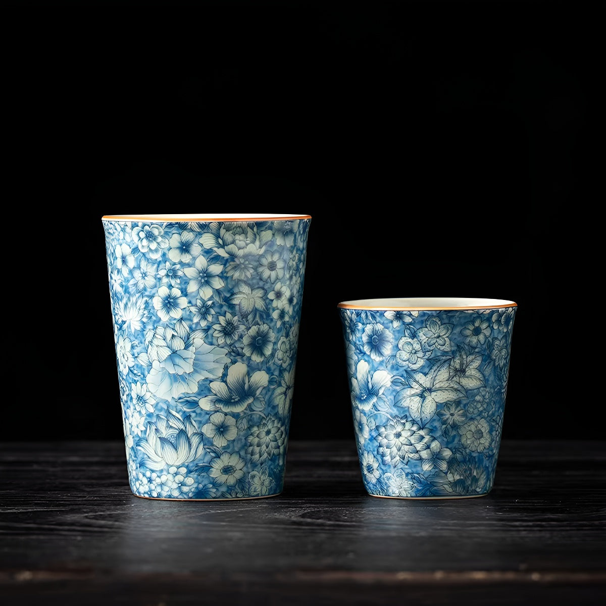 Vintage Blue Floral Ru Kiln Ceramic Cup Tumbler