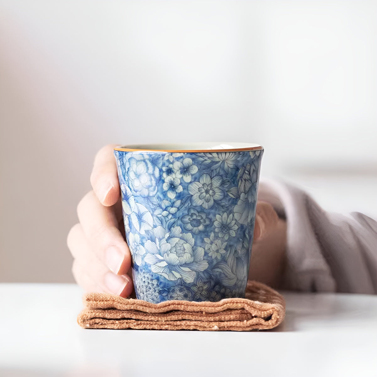 Vintage Blue Floral Ru Kiln Ceramic Cup Tumbler