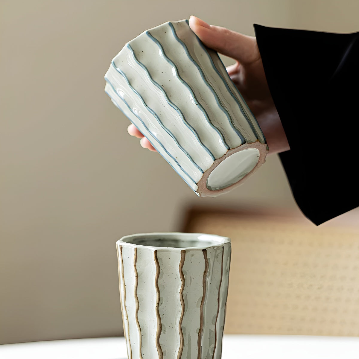 Handcrafted Textured Striped Ceramic Cup